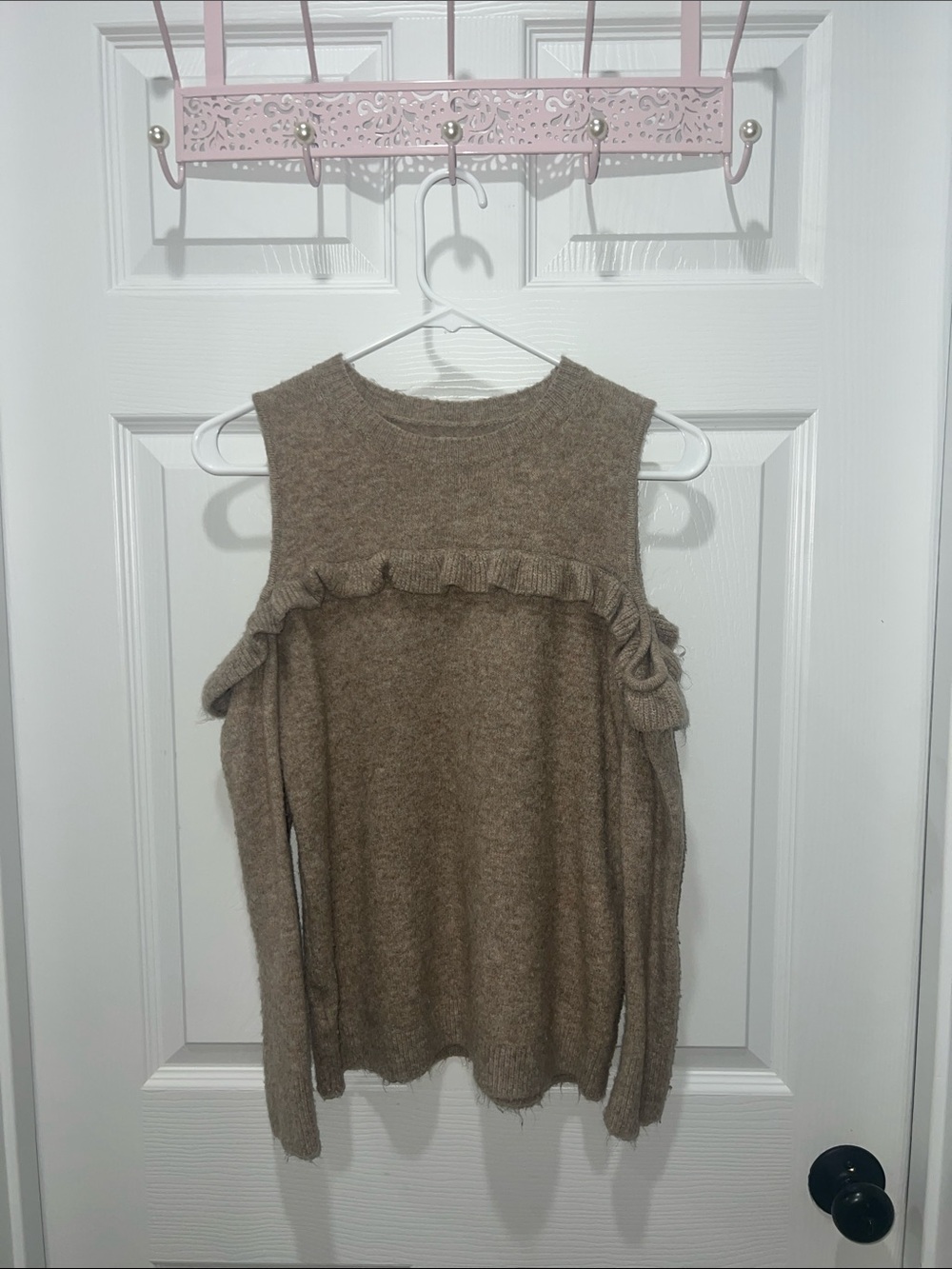 LOFT Taupe Cold-Shoulder Ruffle Sweater